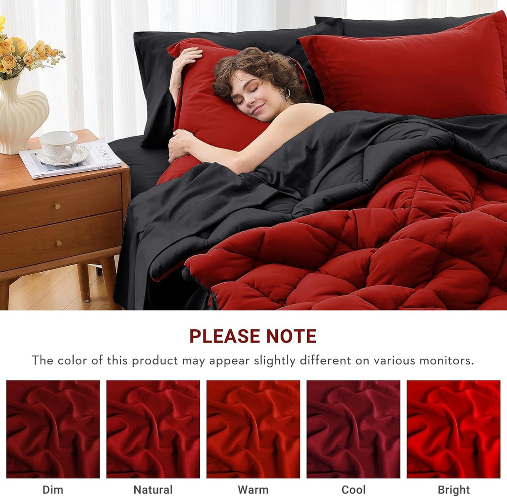 7 Pieces Comforter Set, Reversible Bed in a Bag, All Season Bedding Set with Comforter, Flat Sheet