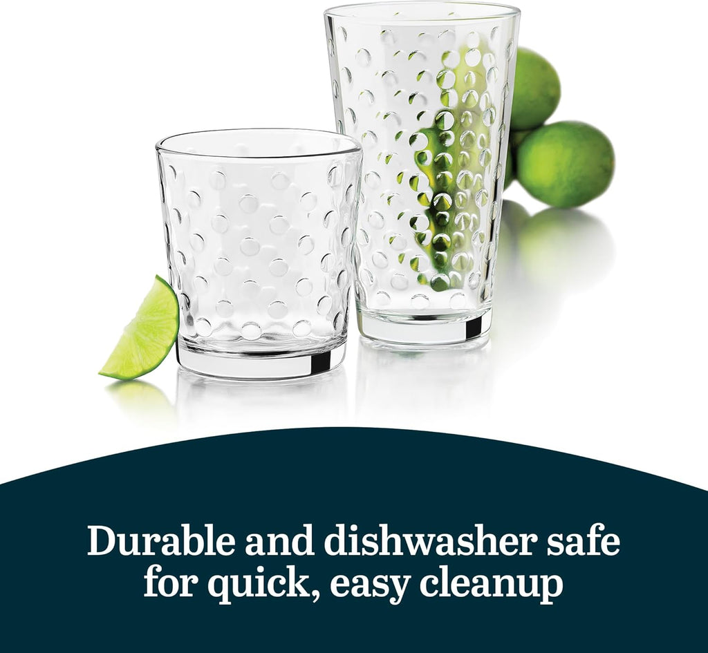 Awa Tumbler and Rock Glasses Drinking Set, Elegant Polka Dot Drinking Glasses Set of 16, All Purpose Glass Cups Set