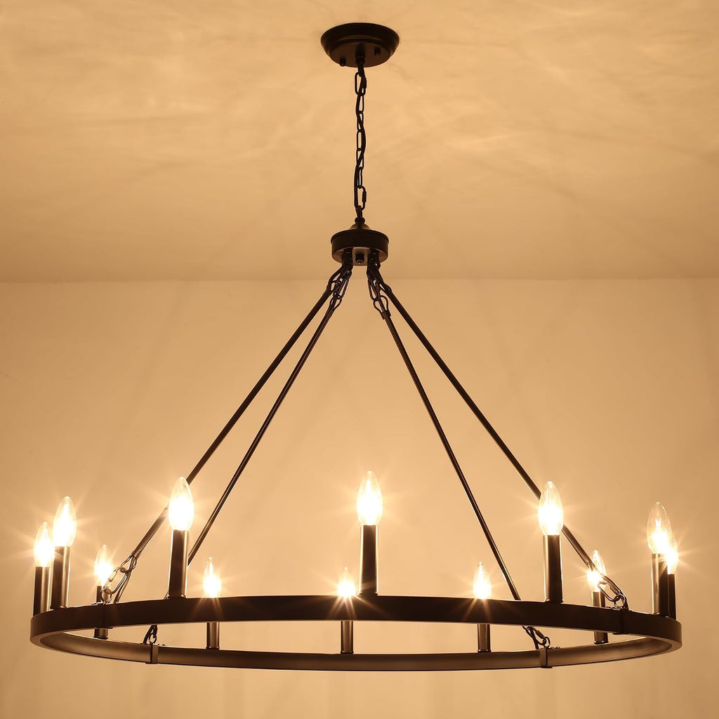 12-Light Black Wagon Wheel Chandelier for Dining Room Farmhouse Pendant Light Fixtures Outdoor for Rustic High