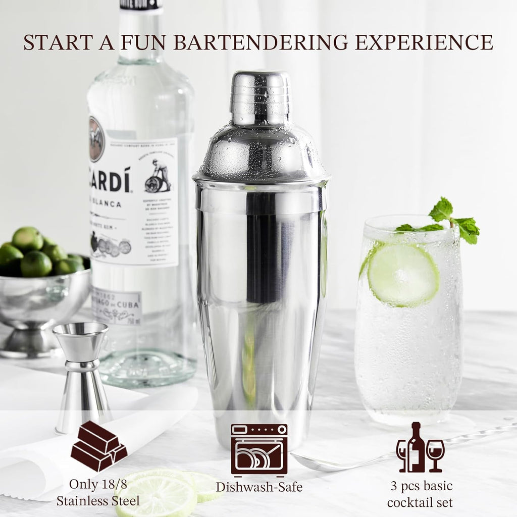 Cocktail Shaker, 24oz Drink Shaker with Bartender Strainer, Measuring Jigger, Bar Mixing Spoon, Cocktail Recipe