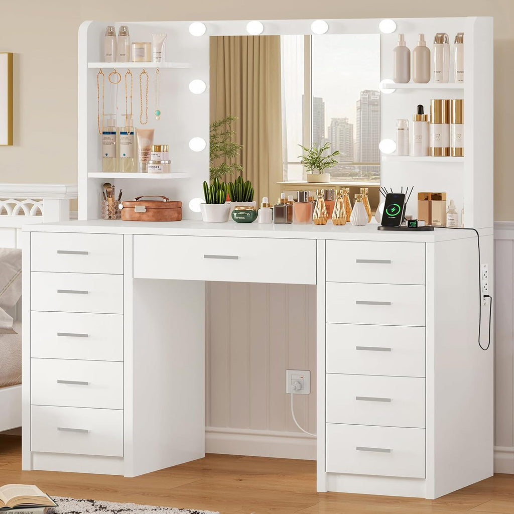 Large Vanity Desk with Mirror and Lights, Makeup Vanity with 11 Drawers & 6 Open Shelves, 3 Color Modes & Adjustable