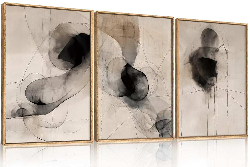 Large Abstract Neutral Black Framed Canvas Wall Art Set -24"x36"x3
