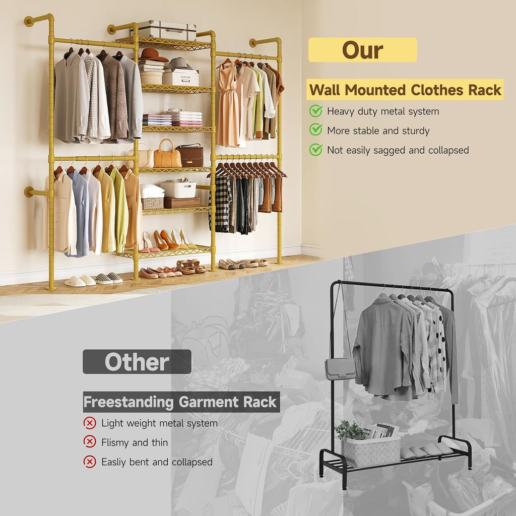 H3 Expandable Wall Mounted Closet System, 5.4FT-8.1FT Closet Organizer with 4 Telescopic Rods & 6 Wire Shelves