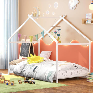 House Shape Twin Size Montessori House Bed Metal Floor Bed | Twin Bedframe for Kids No Box Spring Needed White