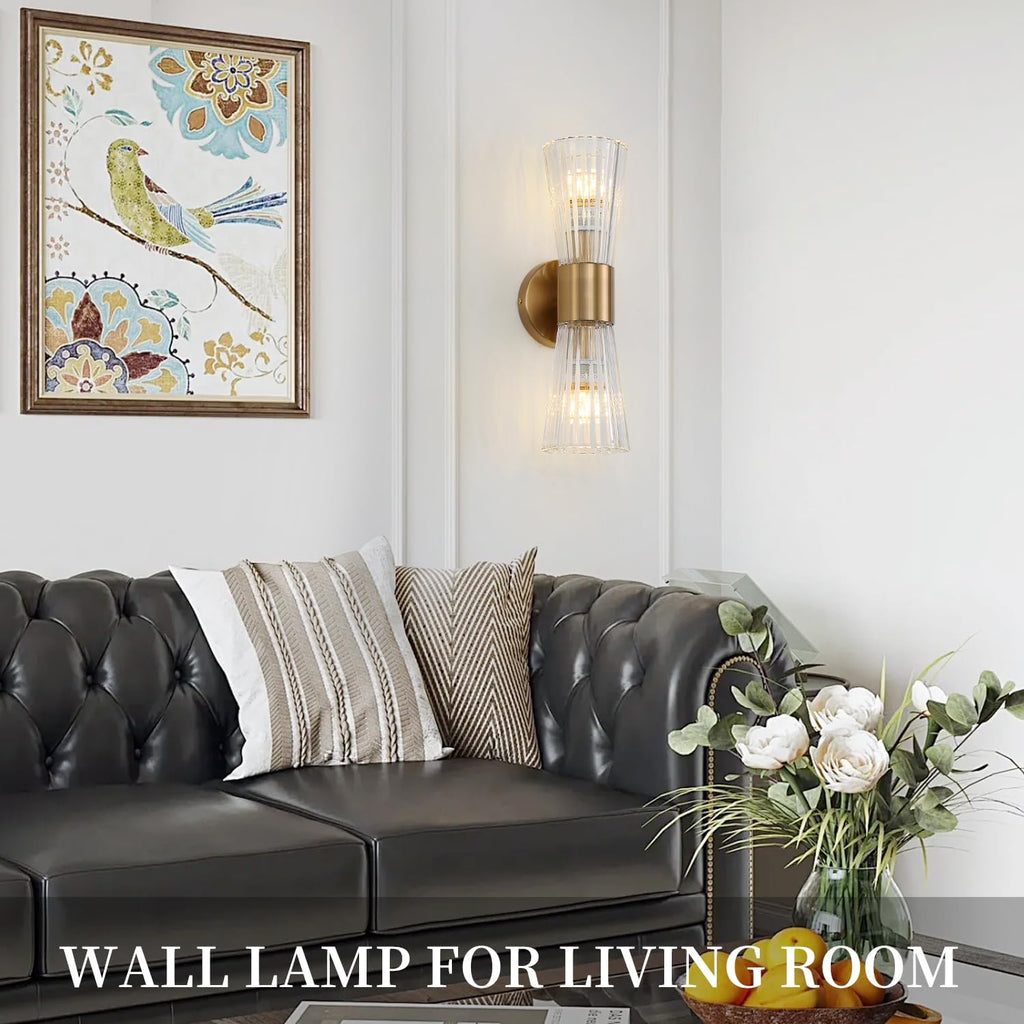 Mid-Century Modern Wall Lights with Crystal Glass Shade, 2-Light Glass Bathroom Vanitys Lights Gold Wall Sconces