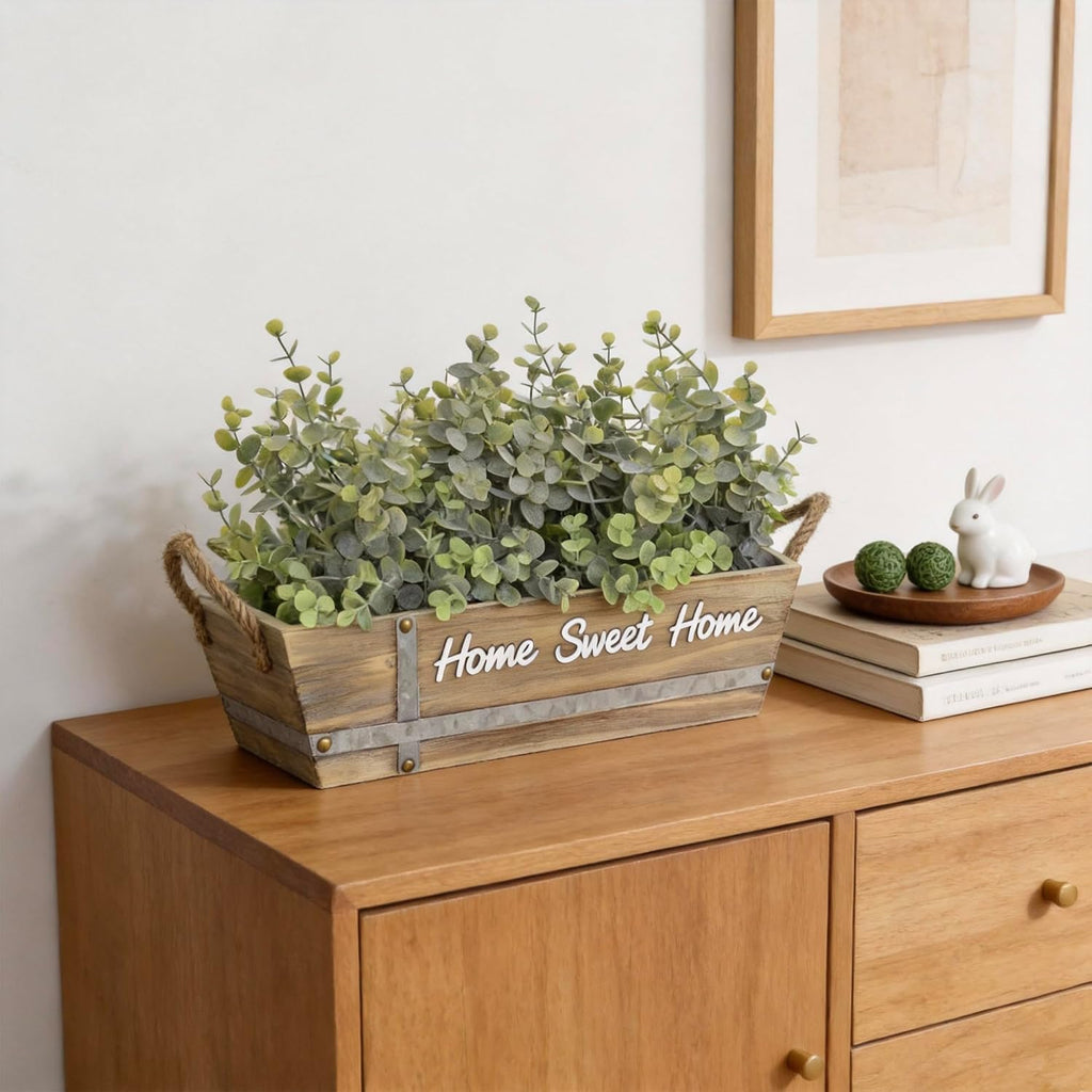 Artificial Eucalyptus Table Centerpiece in Wooden Box, Faux Greenery Arrangement with "Home Sweet Home" Sign, Jute
