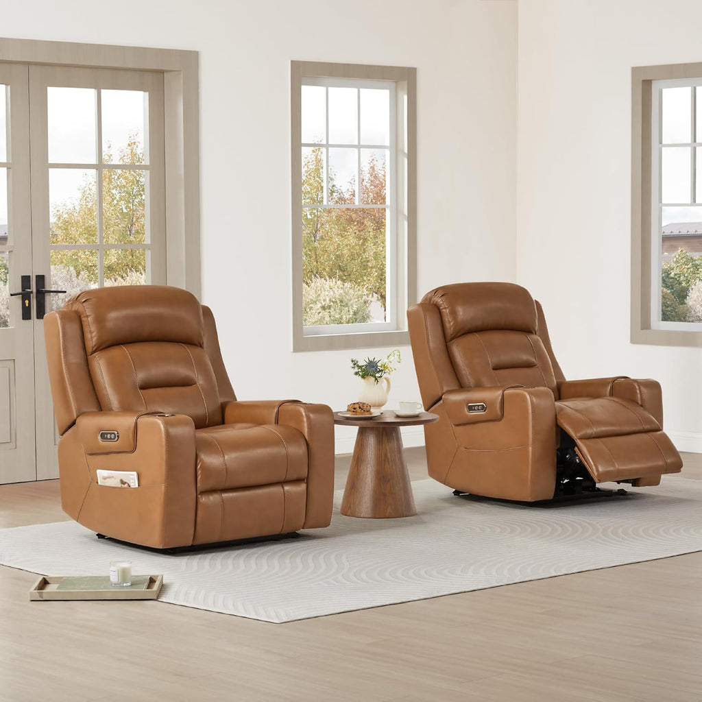 Genuine Leather Power Recliner Chairs for Adults, Lay Flat Recliner with Power Headrest, USB Ports and Cup Holders