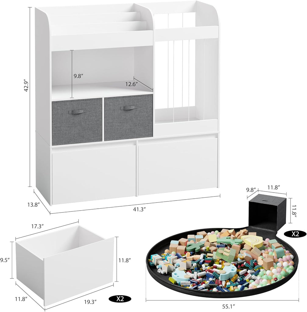 Kids Bookshelf, Stuffed Animal Storage with Play Mat, Wooden Toy Storage Organizer with 2 Movable Drawers and 3 Tier