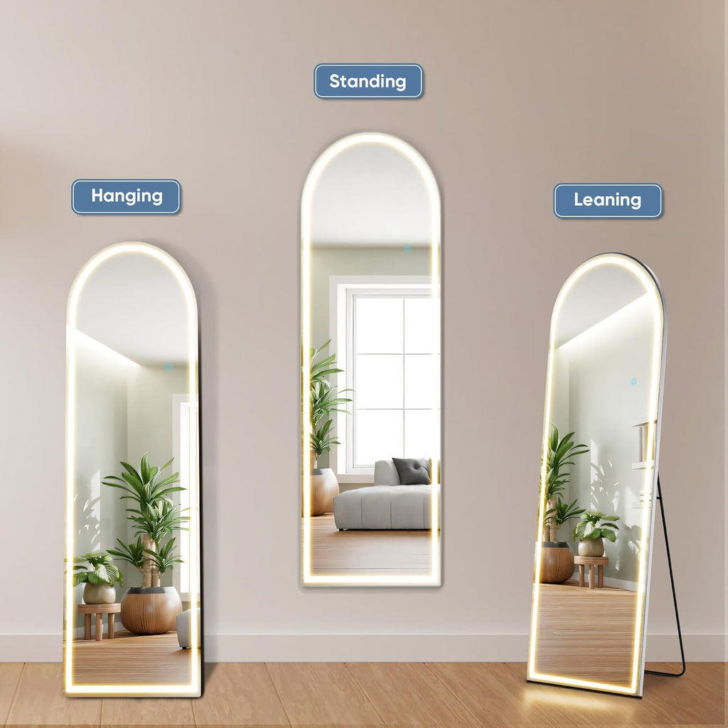 Arched LED Mirror Full Length with Stand, 16"×60" Full Body Wall Mirror with LED Lights 3 Color Lighting, Hanging or