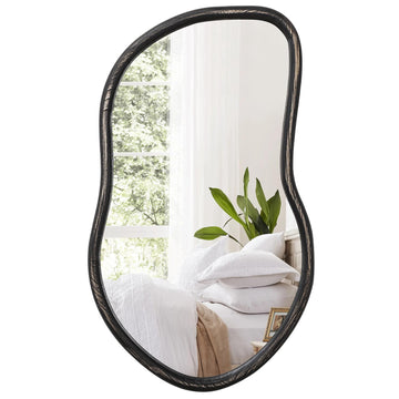 Asymmetrical Wood Mirror Irregular Wall Mirror Large Bathroom Mirror for Over Sink Rustic Black Wall Mounted Mirror