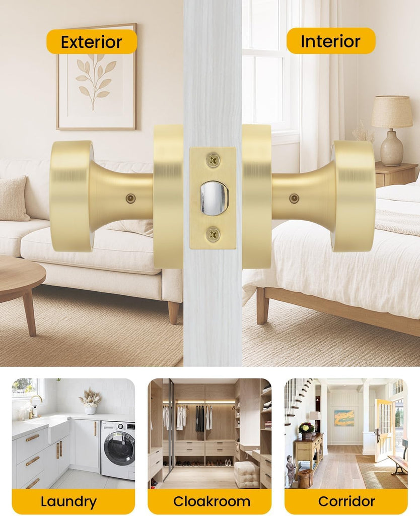 Gold Closet Door Knobs, Zinc Alloy Brushed Gold Passage Door Knob, Interior Door Knob , Closets