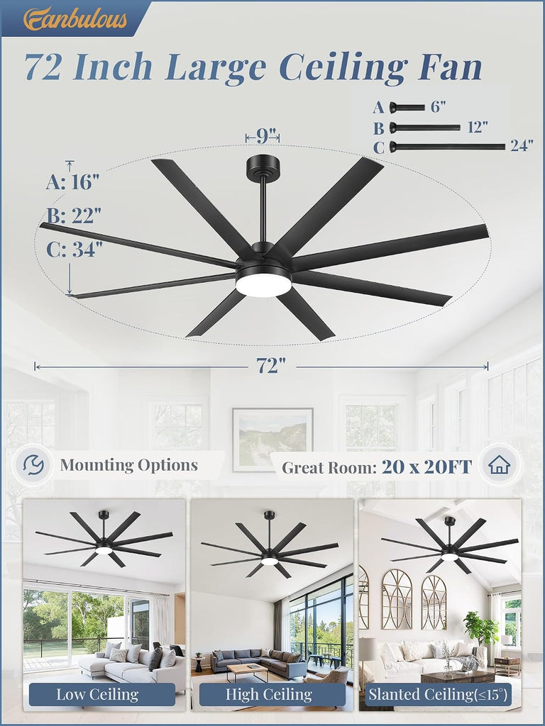 72 Inch Large Ceiling Fans with Lights, Black Ceiling Fan with Remote Control, Dimmable, 3CCT, Quiet