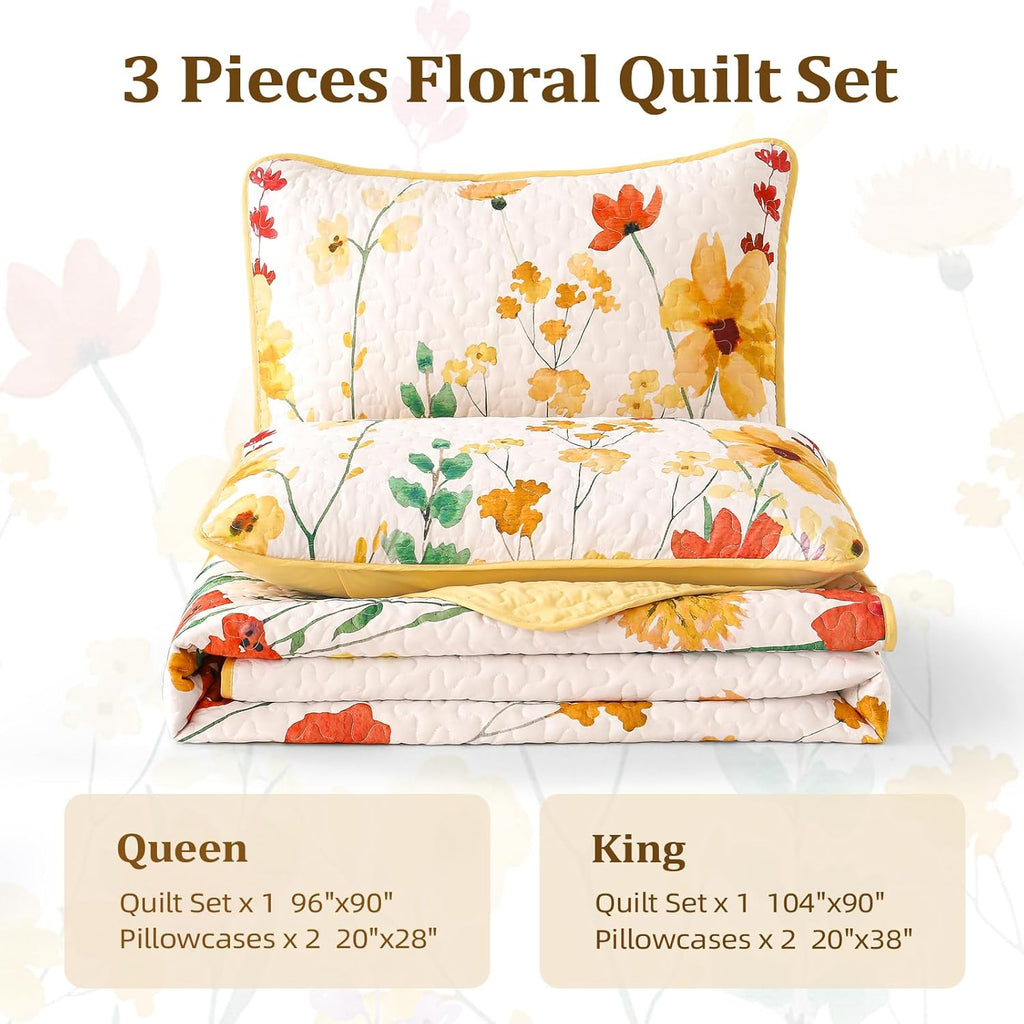 Quilt Set, Yellow Floral Reversible Bedspread Soft Microfiber Lightweight Quilt Bedding Sets Reversible