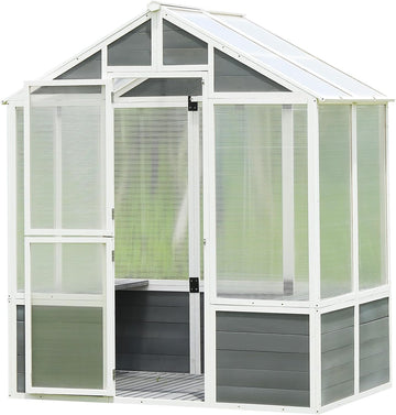 Wooden Greenhouse for Outdoors, Large Polycarbonate Greenhouse with Wooden Base, Lockable Door & 2 Shelves, Heavy