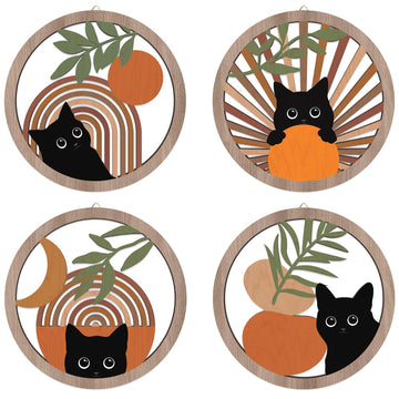 Boho Black Cat Wall Decor, Farmhouse Geometric Hanging Wooden Wall Art, 4 Pieces 10''x10'' Mid Century Bohemian
