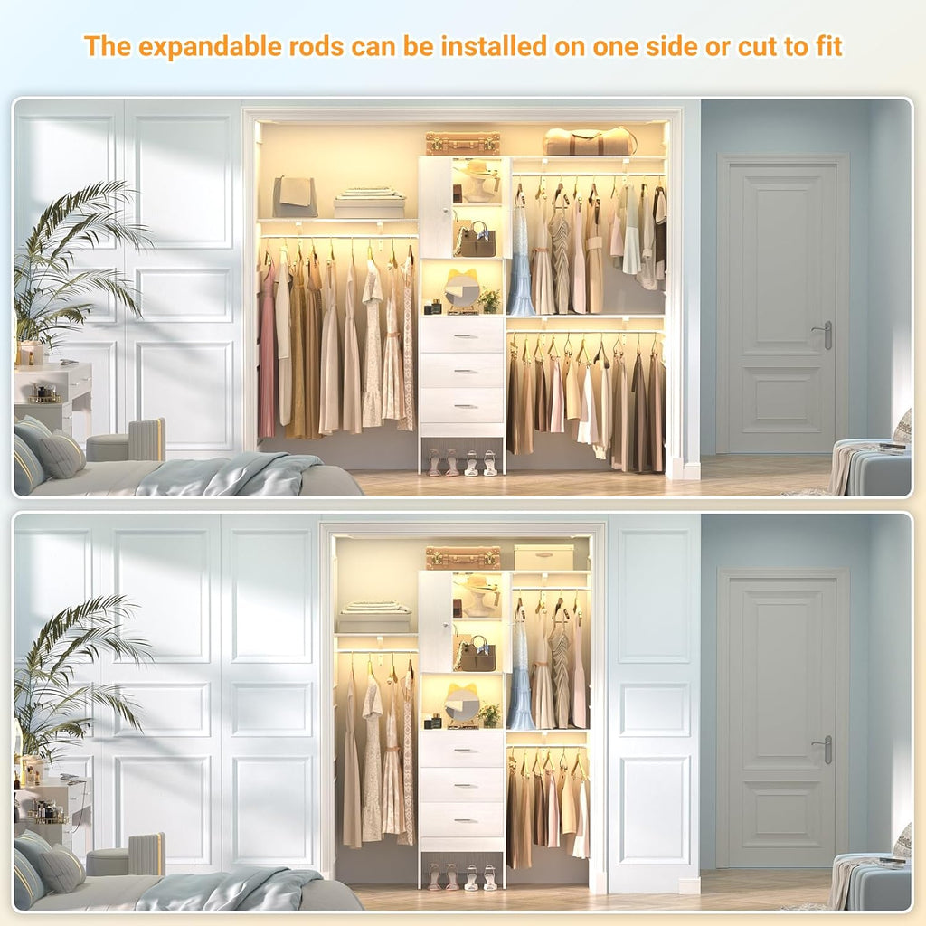96 Inches Closet System with Doors, 8FT Walk In Closet Organizer with 3 Shelving Towers, Heavy Duty Clothes Garment