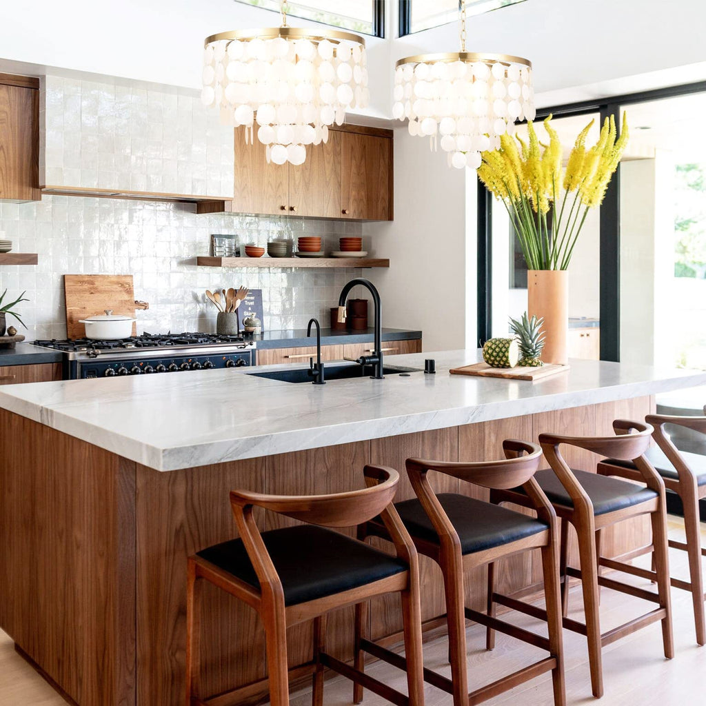 18.2" White Shell Chandeliers, Brushed Brass Finish, Coastal Kitchen Island Light Fixture, 4 Light Modern Pendant