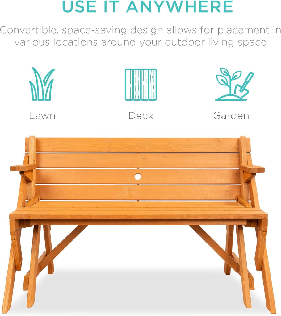 2-in-1 Transforming Interchangeable Outdoor Wooden Picnic Table Garden Bench for Backyard, Porch, Patio, Deck