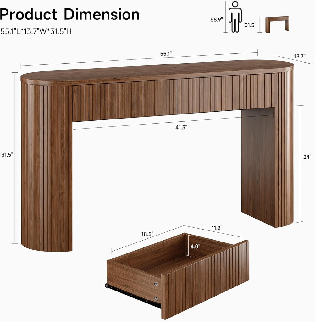 55 Inch Console Table with 2 Drawers, Entryway Tables with Storage,Walnut | Fluted Sofa Table Behind The Couch