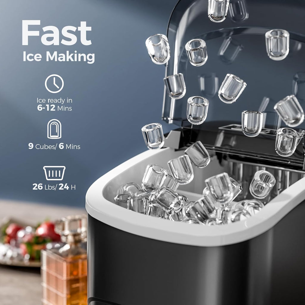 Ice Makers Countertop,26Lbs/24H,9 Cubes in 6 Mins,Portable Ice Maker Machine with Self-Cleaning,2 Sizes of Bullet