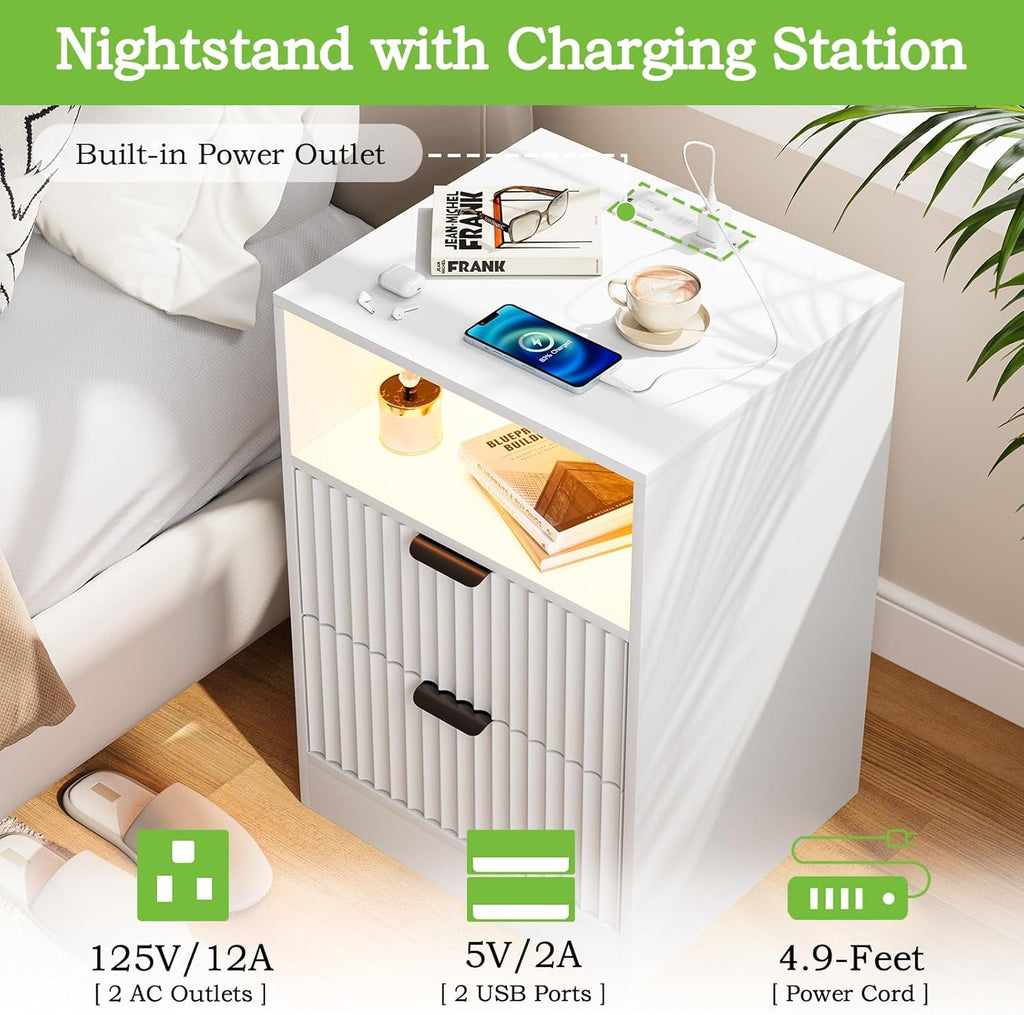 White Night Stand Set 2, LED Nightstand with Charging Station, Fluted Nightstands Set of 2 with 2 Drawers, Wood Side