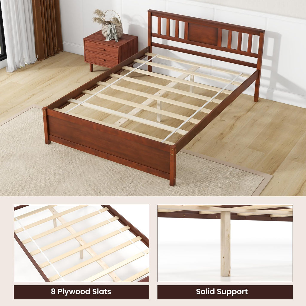 Full Size Solid Wood Platform Bed Frame, Mid Century Full Bed Frame with Headboard, Wood Slat Support, Double Panel