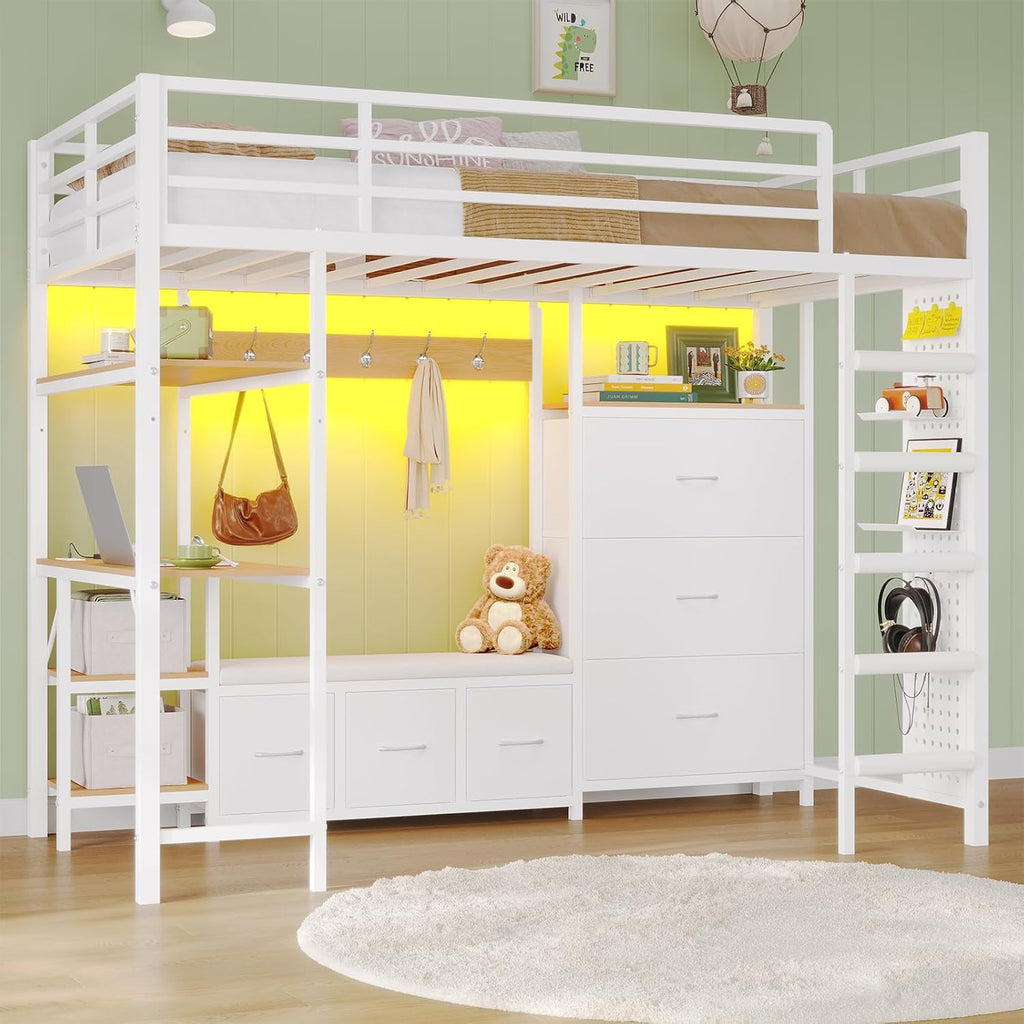 Twin Loft Bed with 6 Storage Drawers,Coat Rack and Open Shelves Metal Twin Loft Bed with Desk,Charging Station and LED