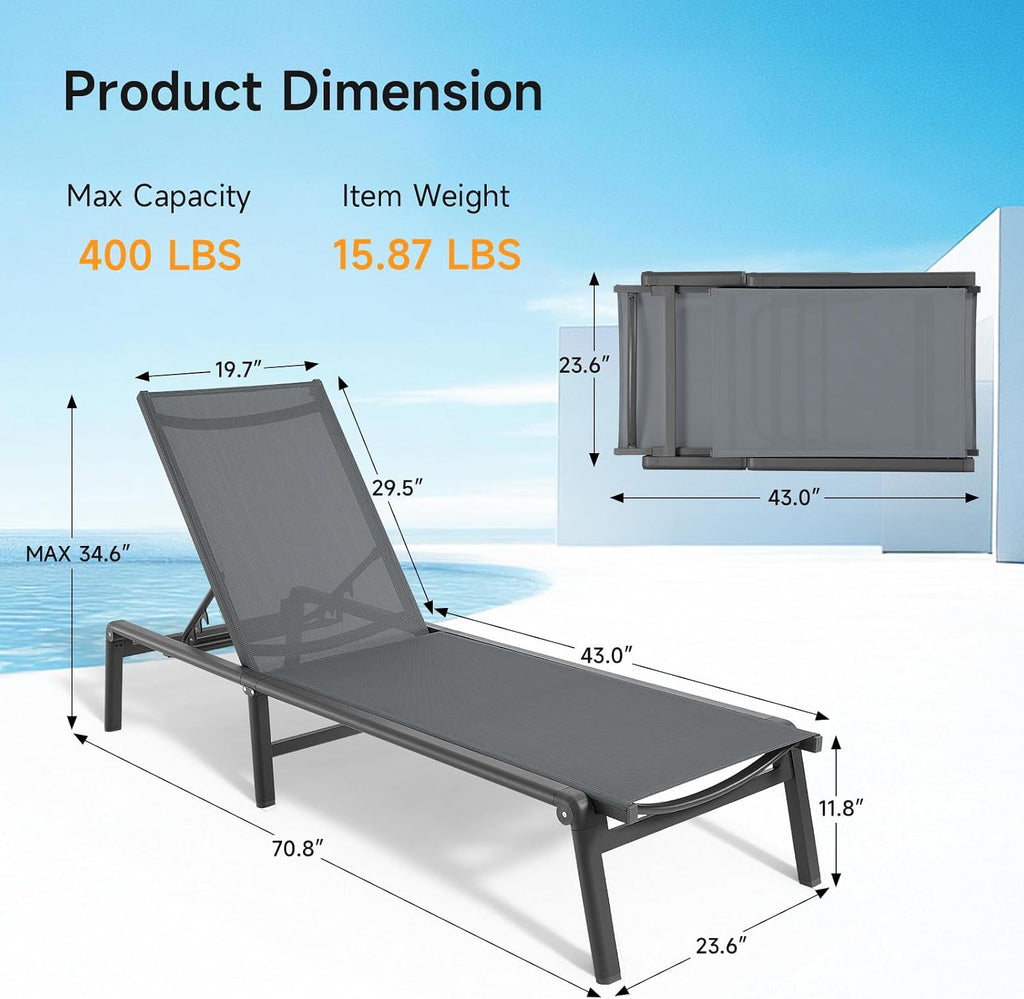 Aluminum Chaise Lounge Chair Outdoor for Outside Poolside, 1PC, Grey | Foldable & Assembly Free Outdoor Lounge Chair