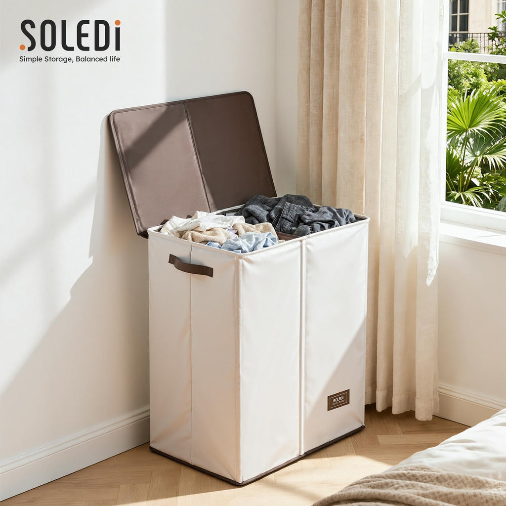 Luxury Double Laundry Hamper with Lid and Removable Bags, 38.3 Gal Large Laundry Bin, Laundry Basket 2 Sections