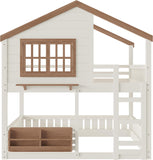 Bunk Bed Full Over Full with Ladder, House Bunk Beds with Bookshelf and Window for Kids, Teens, Beige & Natural