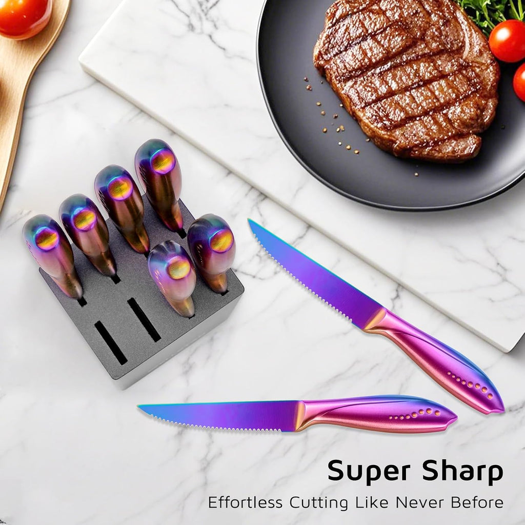 Steak Knives Set of 8 with Wood Block, 4.75 Inch Rainbow Serrated Steak Knife Set, Razor Sharp German Stainless Steel