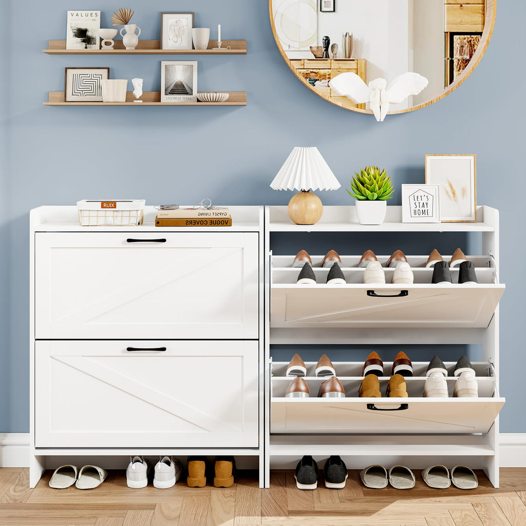 Shoe Cabinet Storage, Hidden Shoes Storage Cabinet with 2 Flip Drawers, Freestanding Shoes Cabinet with Adjustable