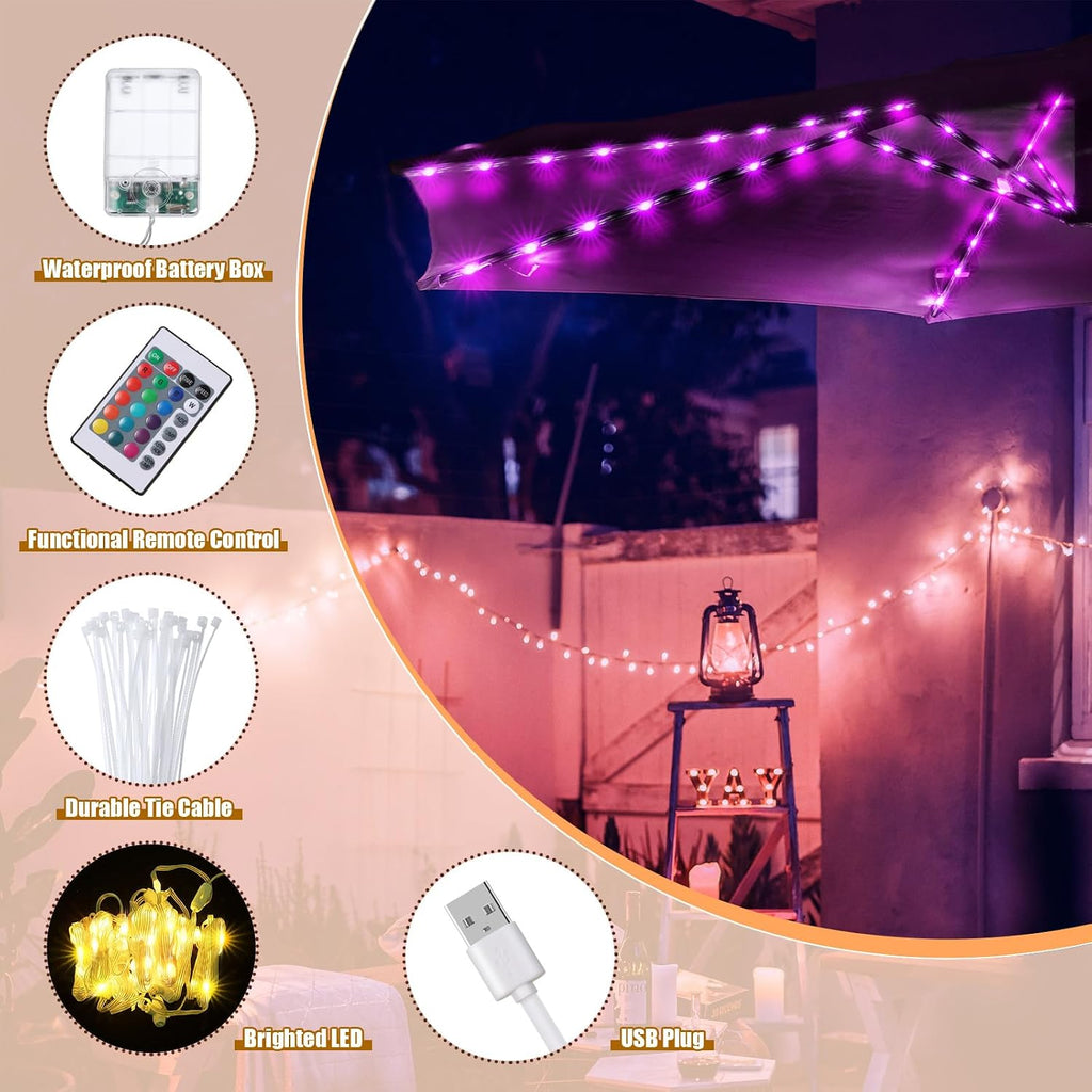 Patio Umbrella String Lights, 104 Bright LEDs 12 Modes USB Battery Operated Cordless Umbrella Light