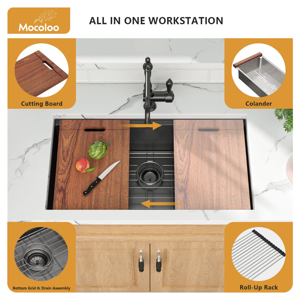 33 Inch Undermount - 33 x 19 Black Stainless Steel Sinks Ledge Workstation 16 Gauge Deep Single Bowl Handmade