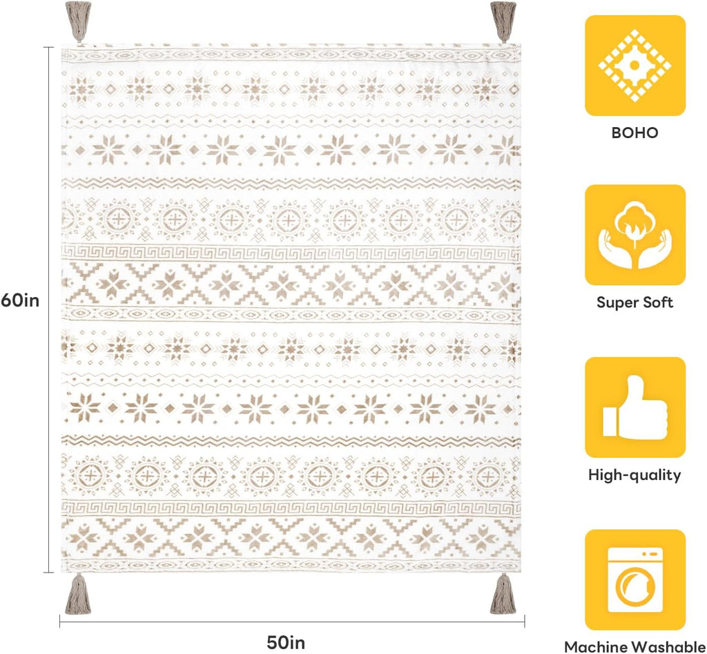 Flannel Boho Blanket, Country Western Aztec Blanket, Southwestern Throw Blankets with Tassel, Soft Cozy Printed