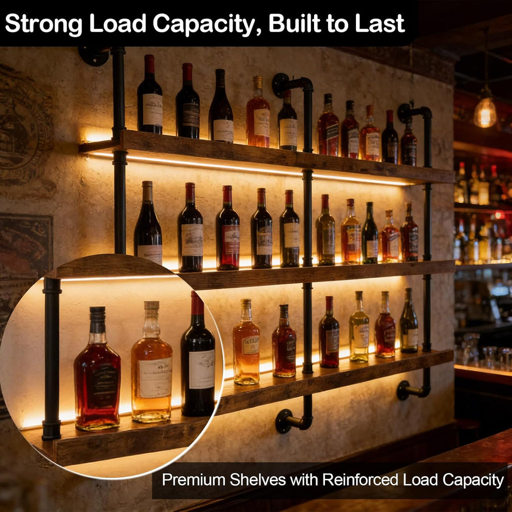 55" Wine Rack Wall Mounted with LED Lights, Industrial Pipe 3-Tier Floating Wine Shelf, Metal & Wood Wine Bottle and