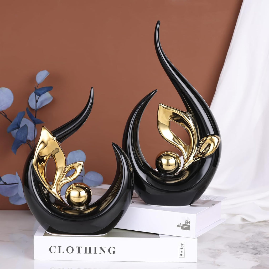 13" H Black Gold Abstract Sculptures Home Decor, Ceramic Art Statue Cool Stuff to Put on Shelves&tv Stand Decor, Gold