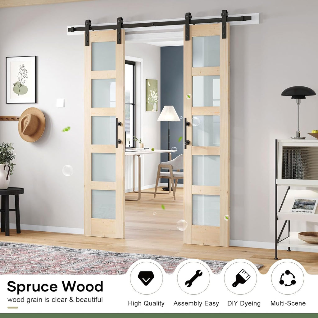 Double 18×84 inch Glass Sliding Barn Door Slab with 6.6ft Hardware Kit Included, 5-Panel Frosted Gla