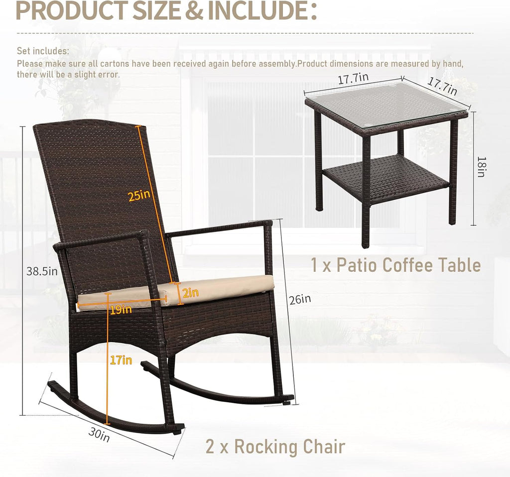 Outdoor Rocking Chair 3 Pieces High-Backed Rocking Chair Patio Rocking Chairs Outdoor Table, Khaki
