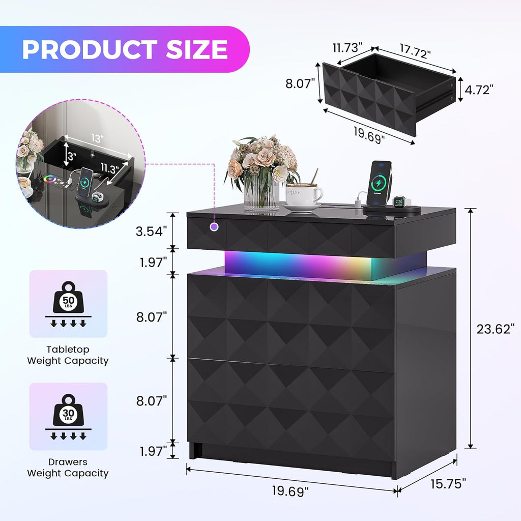 LED Night Stand with Charging Station, Lockable Hidden Drawer | Gun Safe compartment, 3 Drawers, Smart RGB Human