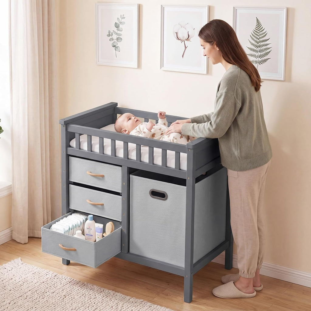 Wooden Baby Changing Table with Comfy Changing Pad, 3 Fabric Drawers, Laundry Hamper, Safety Belt, Diaper Station
