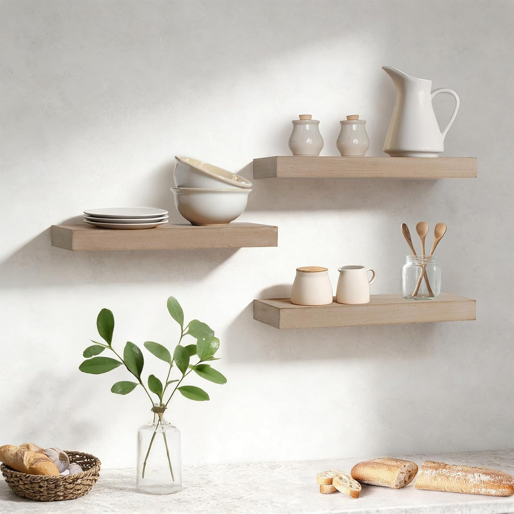 Floating Shelves, Wall Mounted Set of 3 Rustic Wooden Ledge Shelves Decorative - Sleek Design, Sturdy and Easy to