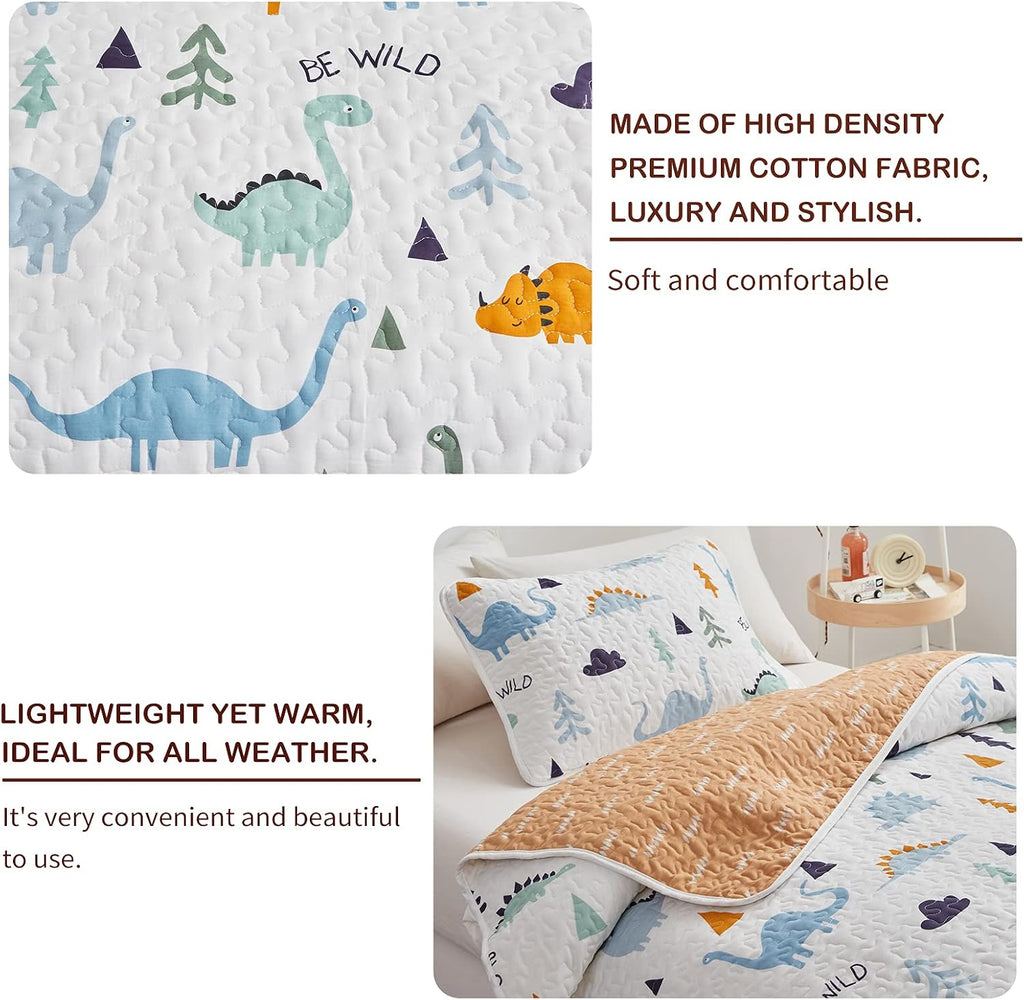 3-Piece Cotton Quilt Set Full/Queen, Cute Dinosaur Reversible Design for Kids Boys n Girls, Breathable Quilt
