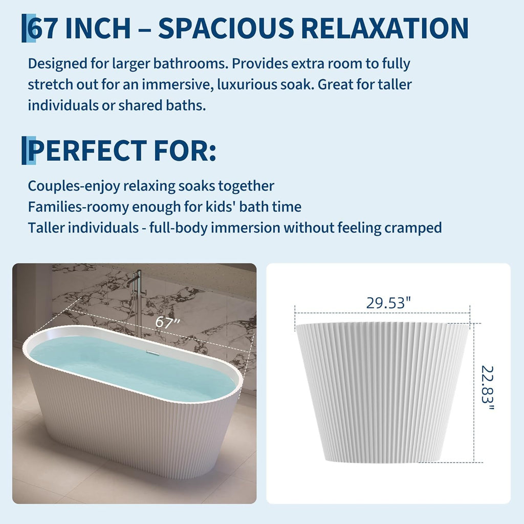 Freestanding Bathtub 67 Inch Acrylic Free Standing Tub - Modern Oval Tapered Design Vertical Ribbed Texture, CUPC