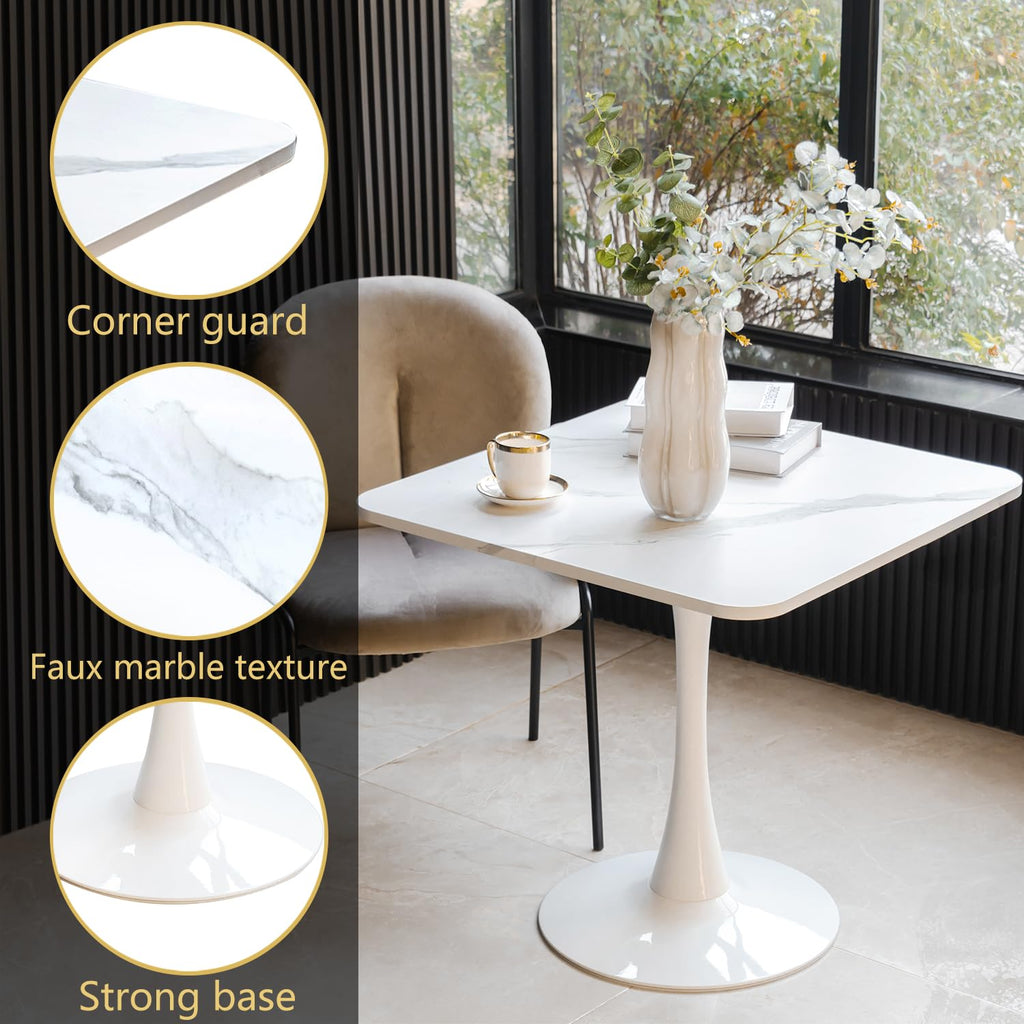 30" Square White Modern Dining Table - Faux Marble Tulip Kitchen Table with Heavy Duty Pedestal Metal Base