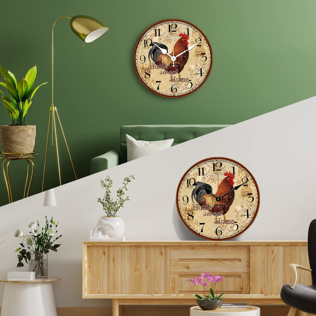 14 Inch Rustic Rooster Wall Clock Retro Silent Non Ticking Easy to Read Clock, Battery Operated Decorative Wall