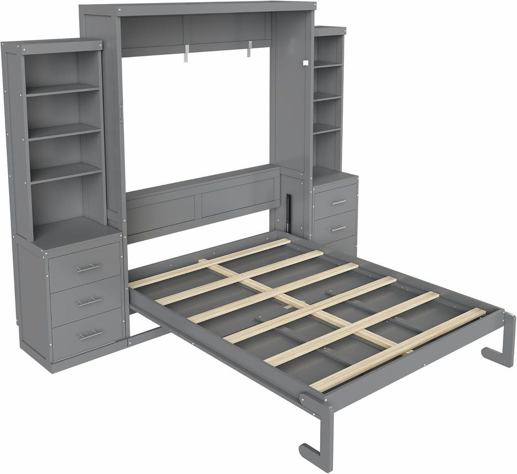 Murphy Bed Queen,Murphy Bed with Storage Shelves and Drawers,Wall Bedframe w/Wood Slatk,can be Folded,No Box Spring