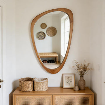 Irregular Wall Mirror Asymmetrical Bathroom Mirror, 19 x 30 Inch Wall Mounted Decorative Mirror with Wooden Frame