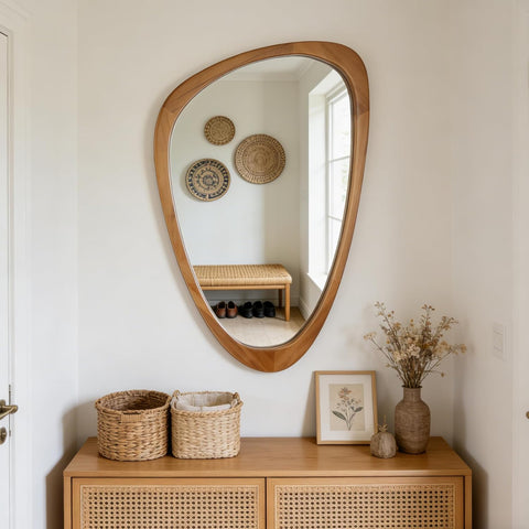 Irregular Wall Mirror Asymmetrical Bathroom Mirror, 19 x 30 Inch Wall Mounted Decorative Mirror with Wooden Frame