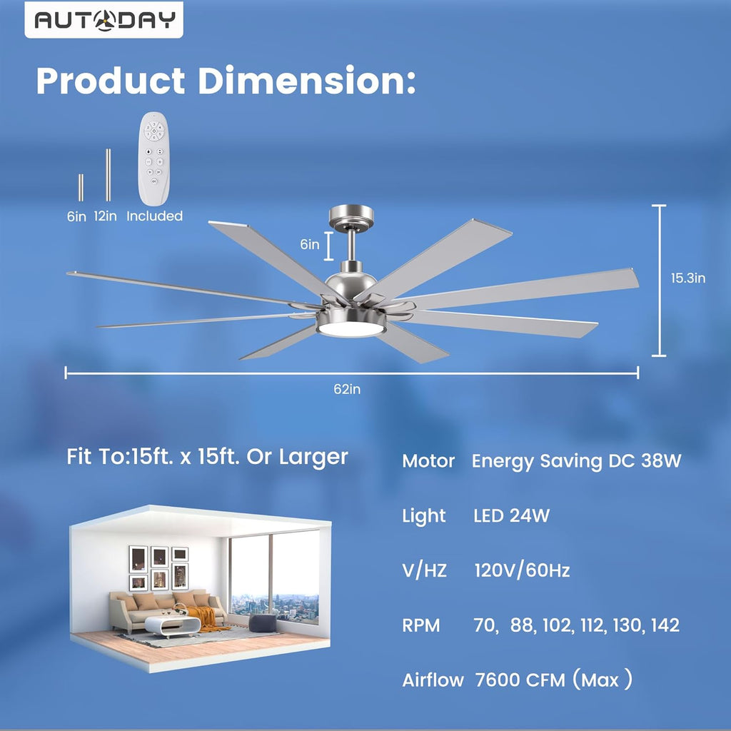 62" Ceiling Fan with LED Light and Remote - Brushed Nickel / Walnut